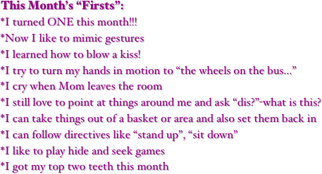This Month’s “Firsts”:
*I turned ONE this month!!!
*Now I like to mimic gestures
*I learned how to blow a kiss!
*I try to turn my hands in motion to “the wheels on the bus...”
*I cry when Mom leaves the room
*I still love to point at things around me and ask “dis?”-what is this?
*I can take things out of a basket or area and also set them back in
*I can follow directives like “stand up”, “sit down” 
*I like to play hide and seek games
*I got my top two teeth this month