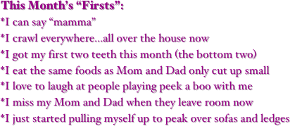 This Month’s “Firsts”:
*I can say “mamma” 
*I crawl everywhere...all over the house now
*I got my first two teeth this month (the bottom two)
*I eat the same foods as Mom and Dad only cut up small 
*I love to laugh at people playing peek a boo with me
*I miss my Mom and Dad when they leave room now
*I just started pulling myself up to peak over sofas and ledges