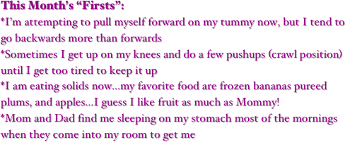 This Month’s “Firsts”:
*I’m attempting to pull myself forward on my tummy now, but I tend to go backwards more than forwards  
*Sometimes I get up on my knees and do a few pushups (crawl position) until I get too tired to keep it up 
*I am eating solids now...my favorite food are frozen bananas pureed plums, and apples...I guess I like fruit as much as Mommy!
*Mom and Dad find me sleeping on my stomach most of the mornings when they come into my room to get me  