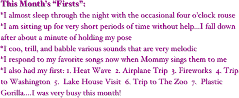 This Month’s “Firsts”:
*I almost sleep through the night with the occasional four o’clock rouse  *I am sitting up for very short periods of time without help...I fall down after about a minute of holding my pose
*I coo, trill, and babble various sounds that are very melodic
*I respond to my favorite songs now when Mommy sings them to me
*I also had my first: 1. Heat Wave  2. Airplane Trip  3. Fireworks  4. Trip to Washington  5.  Lake House Visit  6. Trip to The Zoo  7.  Plastic Gorilla....I was very busy this month!
