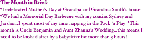 The Month in Brief:
*I celebrated Mother’s Day at Grandpa and Grandma Smith’s house    *We had a Memorial Day Barbecue with my cousins Sydney and Jordan...I spent most of my time napping in the Pack ‘n Play  *This month is Uncle Benjamin and Aunt Zhanna’s Wedding...this means I need to be looked after by a babysitter for more than 3 hours! 